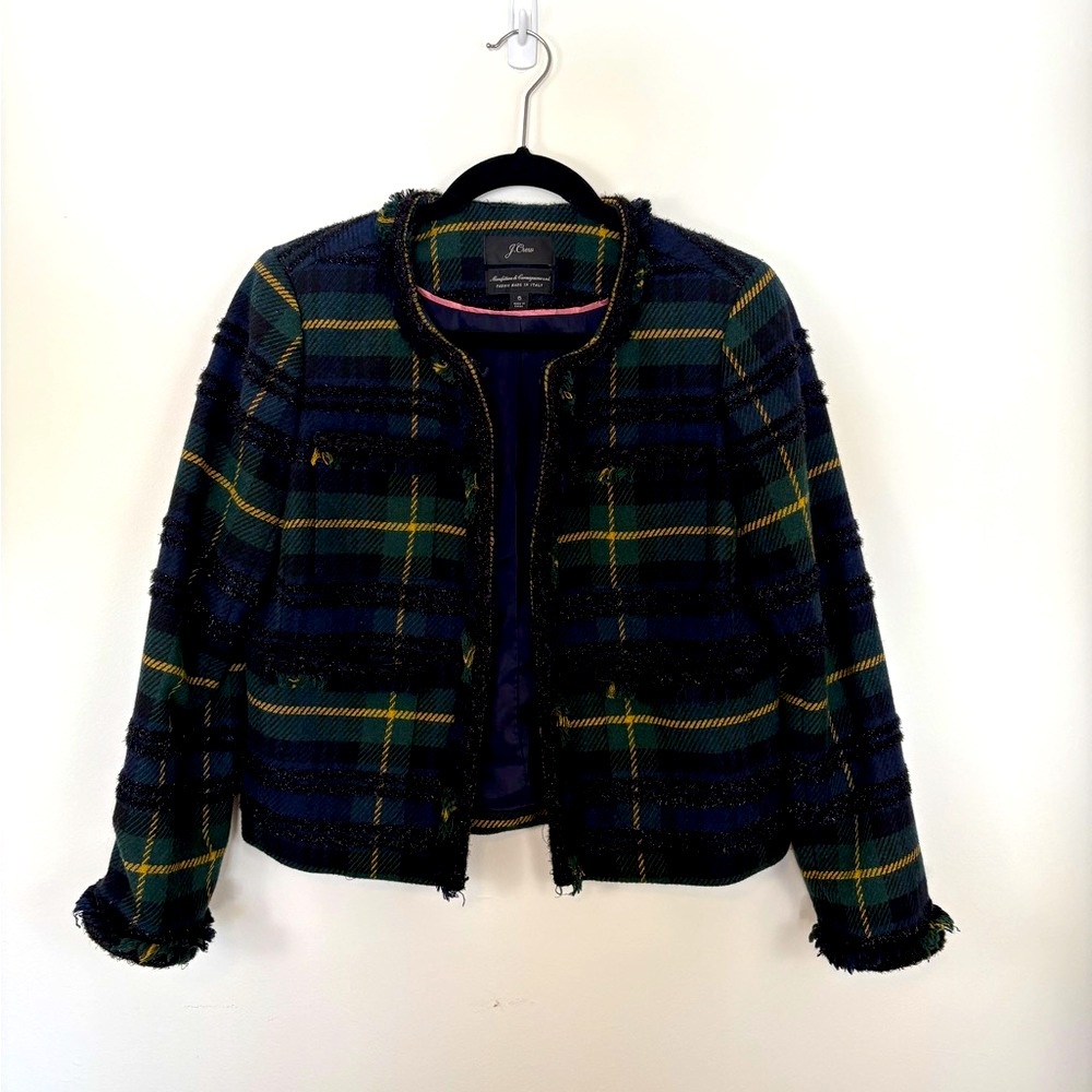 J. Crew green, Navy and Yellow Plaid Tweed Blazer Gossip girl Blair style preppy